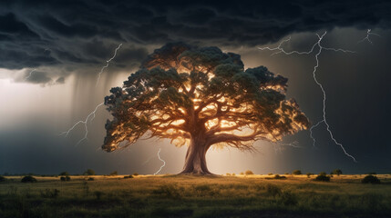 tree at sunset HD 8K wallpaper Stock Photographic Image
