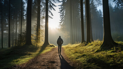 person walking in the forest at morning - 624762579