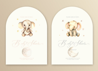 Cute baby shower watercolor invitation card for baby and kids new born celebration with plush elephant toy and stars.