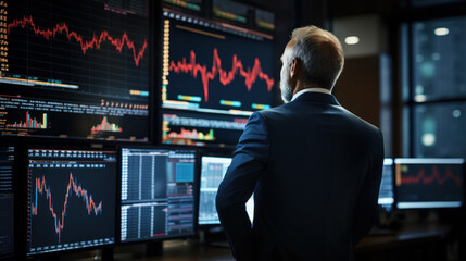 broker watching stock market on screens - obrazy, fototapety, plakaty