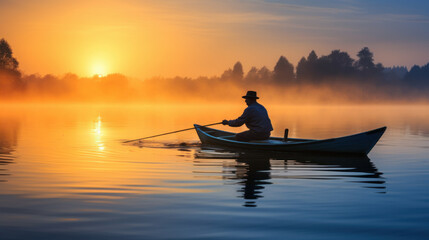 fisherman on boat at misty morning sunrise