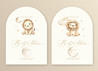 Cute baby shower watercolor invitation card for baby and kids new born celebration with plush lion toy and moon and stars. - obrazy, fototapety, plakaty