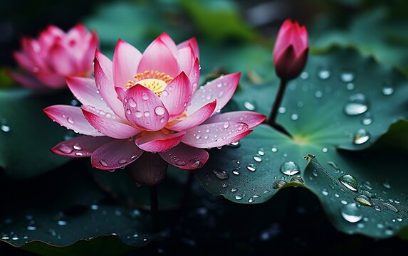 Macro Capture of Lotus Blossom Adorned with Glistening Droplets, Generative Ai