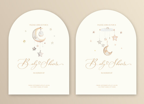 Cute baby shower watercolor invitation card for baby and kids new born celebration with baby mobile with moon and stars.