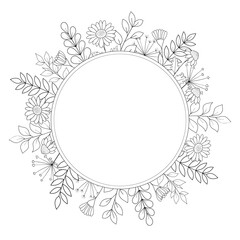 Round floral frame with flowers and twigs, coloring.
