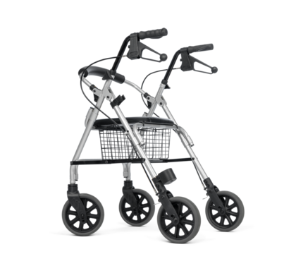 Aluminum rollator to support the walking of elderly and recovering people, isolated on a transparent background png.