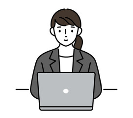 ノートパソコンを操作する女性のイラスト　アイコン