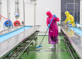 Hygiene worker cleaning floor in production line of food processing plant.