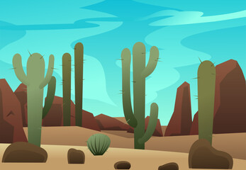 Prickly cacti. Landscape in desert with sand and stones. Rocks and cliffs. Wildlife. Cartoon fun style. Flat design. Vector