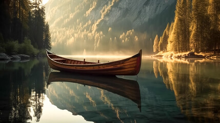 Fototapeta premium Boat on a river in mountains on a hazy sunrise, generative AI.