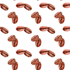 Watercolor seamless pattern with coffee beans. Cozy illustrations for packaging and fabric