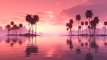 Obraz na płótnie Canvas Pink sunset and silhouettes of palm trees, generative AI.