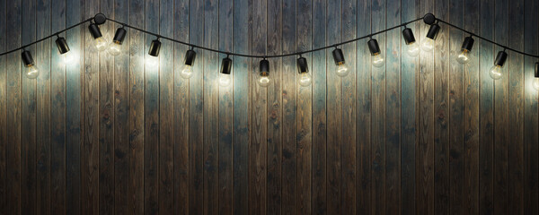 Garland of light bulbs on the background of a wooden wall. Bar interior, loft. Wooden background with garlands of light bulbs. Background, wall of wooden boards with light bulbs. Bar. 3d render.