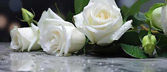 Beautiful white flowers, roses, over marble background. Bouquet of flowers at cemetery , funeral concept. - 624765502