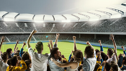 Backview of supporting cheering soccer fans with raising one hand, 3d model of stadium. Concept of...