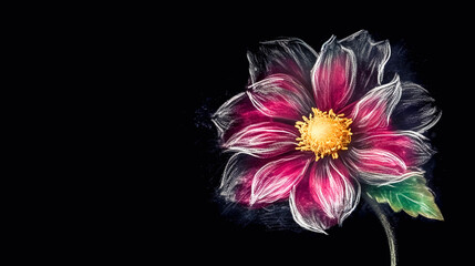 Black background with painted with chalk a flower, generative AI.
