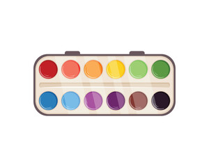 Watercolor paints . Colored paints for drawing. Colorful school paints in a box. Vector illustration isolated on a white background.
