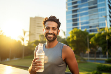 a cheerful athletic man takes a refreshing break from jogging in the radiant park, sipping water with a smile. His healthy lifestyle and fit physique showcase the joys of staying active, gen ai