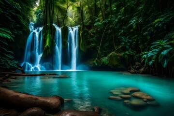 The Beautiful Rio Celeste Waterfall cascades gracefully against the backdrop of dense rainforest foliage. Ai generated