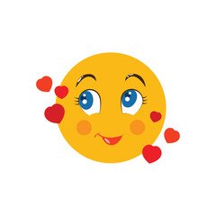 A smiley face in love. Amorous happy emoji. Yellow smiley face with hearts. Vector illustration isolated on a white background
