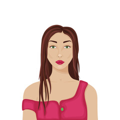 Woman. The torso of a woman in a red dress with long hair. A woman with brown hair. Lovely lady. Vector illustration isolated on a white background