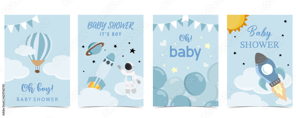 Wall mural Baby shower invitation card for boy with balloon, cloud,sky, blue