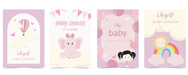 Fototapeta na wymiar Baby shower invitation card for girl with balloon, cloud,sky, pink