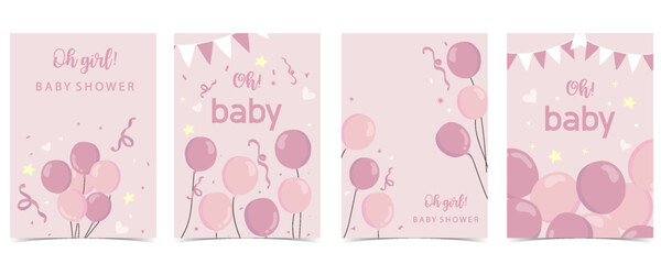 Baby shower invitation card for girl with balloon, cloud,sky, pink