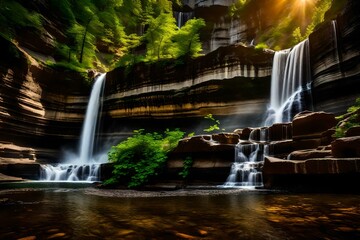 Taughannock Falls, a silky smooth waterfall cascades gracefully along a majestic rock face cliff.Ai generated