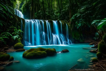The Beautiful Rio Celeste Waterfall cascades gracefully against the backdrop of dense rainforest foliage. Ai generated