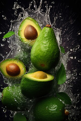Fototapeta na wymiar Avocado and green leaves splashing water