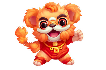 Fototapeta premium cute Chinese new year lion dancing,white isolated background,cartoon style PNG