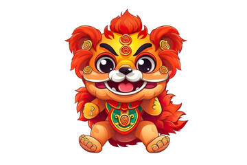 Obraz premium cute Chinese new year lion dancing,white isolated background,cartoon style PNG