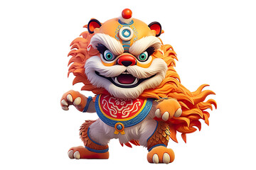Fototapeta premium cute Chinese new year lion dancing,white isolated background,cartoon style PNG
