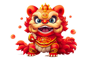 cute Chinese new year lion dancing,white isolated background,cartoon style PNG