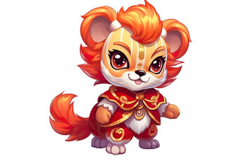 Fototapeta premium cute Chinese new year lion dancing,white isolated background,cartoon style PNG