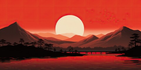 AI Generated. AI Generative. Japanese asian minimalistic landscape background. Nature outdoor sun mountain sunset sunrise vacation adventure view. Graphic Art