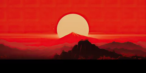 Tuinposter AI Generated. AI Generative. Japanese asian minimalistic landscape background. Nature outdoor sun mountain sunset sunrise vacation adventure view style © Graphic Warrior