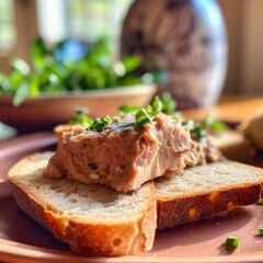 pâté spread on a piece of fresh, crusty bread with a sprig of parsley on top
