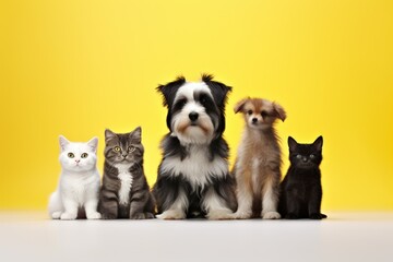 Fototapeta na wymiar cats and dogs on a yellow plain background looking at the camera. pet shop advertising concept
