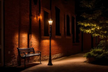 A captivating brick wall, gently illuminated by an antique street light, sets the stage for a charming scene. AI generated
