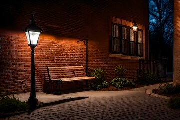 Fototapeta na wymiar A captivating brick wall, gently illuminated by an antique street light, sets the stage for a charming scene. AI generated