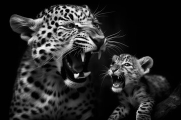 Fototapeta na wymiar Closeup of mother leopard and newborn cub sawing