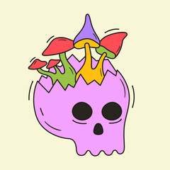 Psychedelic vector drawing of trippy skull with mushrooms. Groovy dead character icon. 60s and 70s style funky design. Abstract acid art sticker