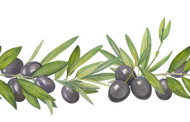 Olive branches, leaves and fruits. Seamless border of branches olive tree. Watercolor hand drawn illustration. For menu, packaging design, wedding invitation, save the date or greeting card.