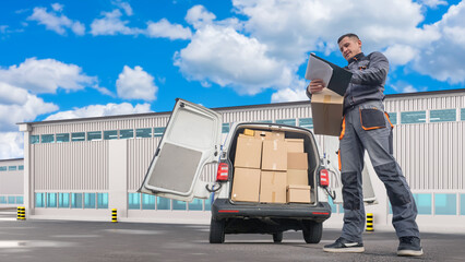 Naklejka premium Guy courier. Delivery man and minivan. Logistician with clipboard. Courier takes parcel in warehouse. Cardboard box in delivery man hand. Courier minivan in front industrial building. Delivery worker