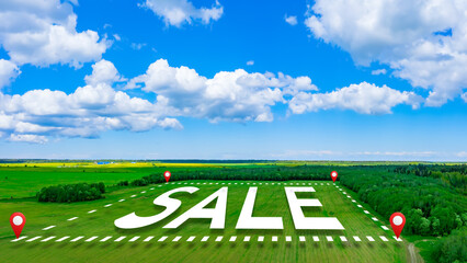 Inscription sale over land. Picturesque place with summer sky. Purchase of suburban land. Place to build farm. Geotags over land. Sale place for building real estate. Sale of territory for farm