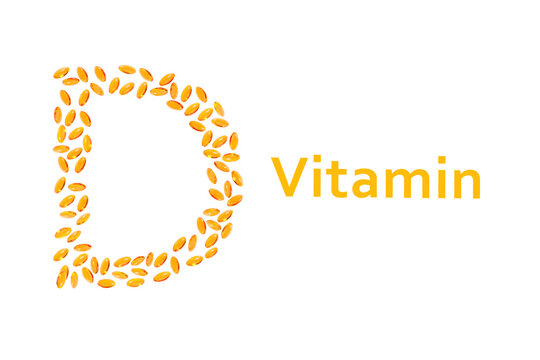 Vitamin d logo. Omega capsules on white. Vitamin d text isolated on white. D1 and D2 drug for immunity. D3 or D4 yellow capsules. Vitamin d medicament. Cholecalciferol, ergocalciferol. 3d image