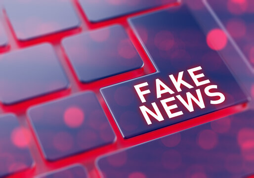 Fake news. Keyboard fragment. Spreading disinformation concept. Fake news logo. Propaganda in media. Button labeled fake news. Lies in press. Fighting disinformation. Keyboard visualization. 3d image