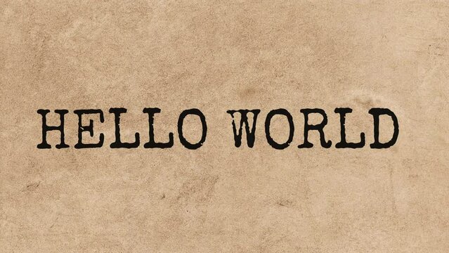 Hello World text written with a typewriter animation on old textured paper alpha channel